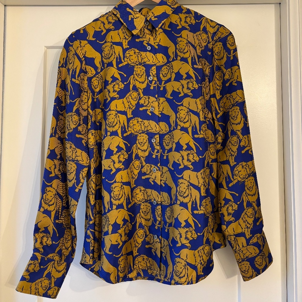 J Crew Collection Silk Twill Button-up Shirt Sleepy Lions
